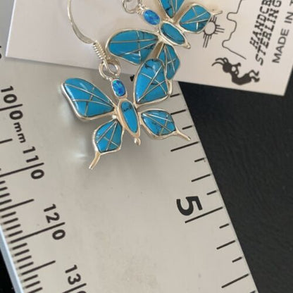 Navajo Blue Turquoise Inlay Butterfly Earrings | Sterling Silver | 0.5" | 12013 - Masha USA