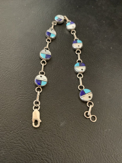 Navajo Blue Turquoise Lapis Inlay Link Bracelet | Sterling Silver | 8" | Authentic Native American Handmade | 1454