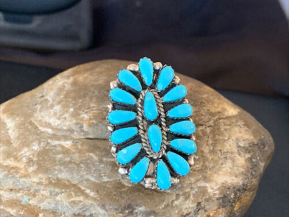 Navajo Blue Cluster Turquoise Needlepoint Ring | Authentic Native American Sterling Silver | Multi-Stone | Sz 6 | 11943