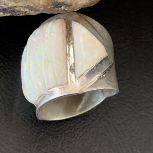 Native American Navajo White Opal Inlay Ring | Sterling Silver | Sz 10 | 12861