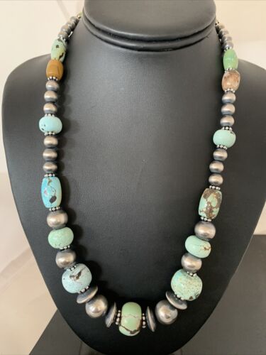 Authentic Native American Navajo Pearls Necklace | Sterling Silver Dry Creek Turquoise Beads | 21" | 01385