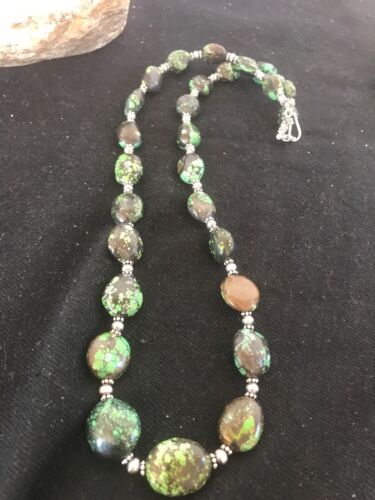 Navajo Green Spiderweb Turquoise Nugget Necklace | Sterling Silver | 22" | Authentic Native American Handmade | 3214