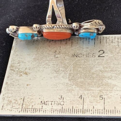 Navajo Kingman Turquoise & Coral Ring | Authentic Native American Sterling Silver | Multi-Stone | Sz 9 | 1294