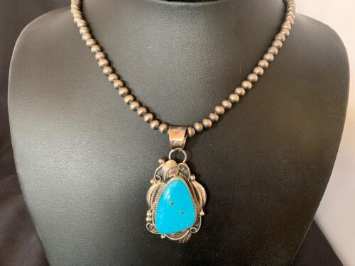 Men's Navajo Pearls Necklace with Blue Kingman Turquoise Pendant | Sterling Silver | Native American Handmade | 12590