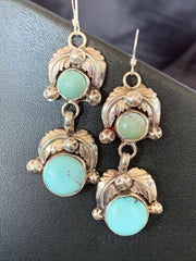 Navajo Blue Green Dry Creek Turquoise Dangle Earrings | Sterling Silver | Authentic Native American Handmade | 1485