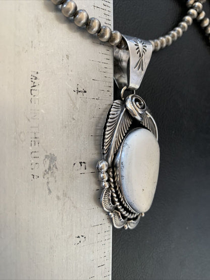 Navajo Pearls | Sterling Silver White Buffalo Turquoise Necklace Pendant 10943