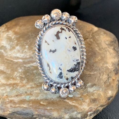 Navajo White Buffalo Turquoise Ring | Sterling Silver | Sz 7.5 | Authentic Native American Handmade | 13352