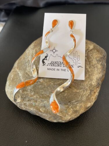 Navajo Snake Swirl Earrings | Orange Spiny Opal Inlay | Sterling Silver | 3.25" | 1548