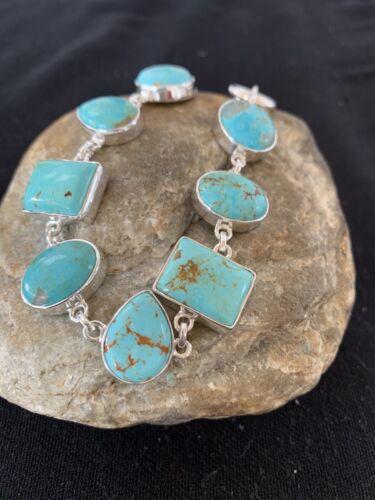 Native American Navajo Blue Turquoise Link Bracelet | Sterling Silver | 9" | 00666