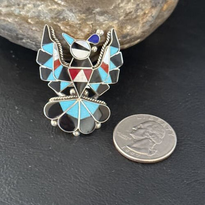 Zuni Peyote Bird Ring | Sterling Silver Turquoise Onyx Mother of Pearl Inlay | Sz 7 | 14449