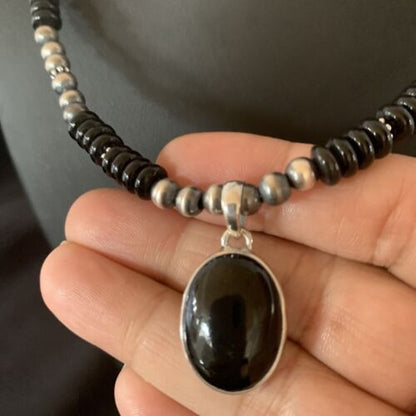 Native American Men's Navajo Pearl Necklace Pendant | Sterling Silver Black Onyx | 11905