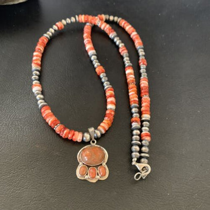 Navajo Pearl Necklace with Red Apple Coral, Spiny Oyster Pendant | Authentic Native American Sterling Silver | Multi-Stone | 12390