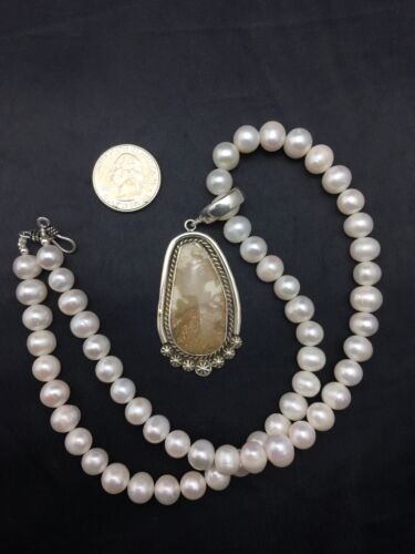 Nevada Turquoise and White Pearl Pendant Necklace | Sterling Silver | 20" | 4390