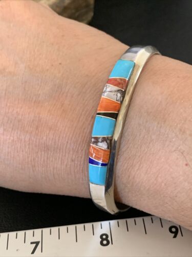 Navajo White Buffalo Turquoise Spiny Opal Inlay Bracelet | Sterling Silver | Authentic Native American Handmade | 12239 - Masha USA