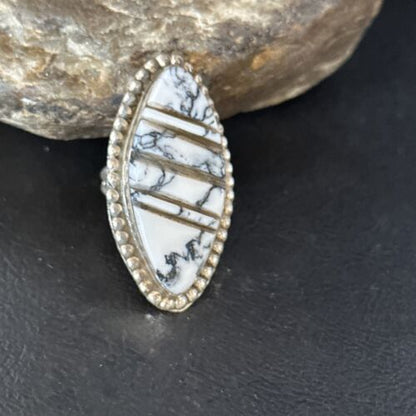 Navajo White Buffalo Turquoise Inlay Ring | Sterling Silver | Sz 8.5 | Authentic Native American Handmade | 14553