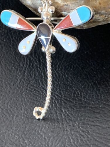 Zuni Turquoise Mother of Pearl Inlay Dragonfly Necklace Pin Pendant | Sterling Silver | 12317