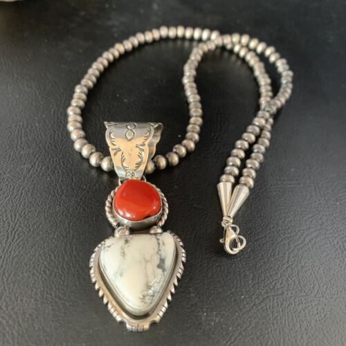 Navajo White Buffalo Turquoise Coral Pendant | Sterling Silver | Multi-Stone Necklace | 13578
