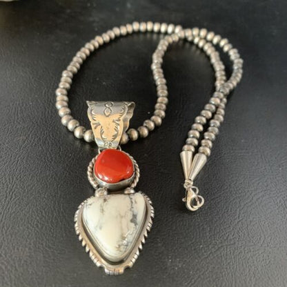 Navajo White Buffalo Turquoise Coral Pendant | Sterling Silver | Multi-Stone Necklace | 13578