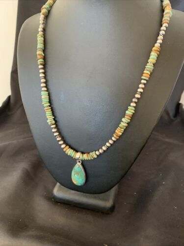 Navajo Green Turquoise Pendant Necklace | Sterling Silver | Authentic Native American Handmade | 11779