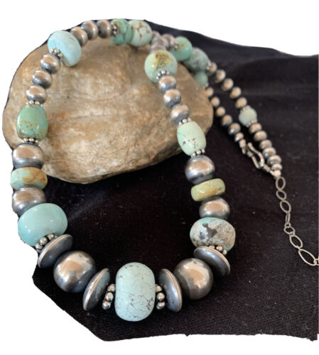 Sterling Silver Navajo Pearls Necklace | Dry Creek Turquoise Beads | Native American Handmade | 21" | 1386