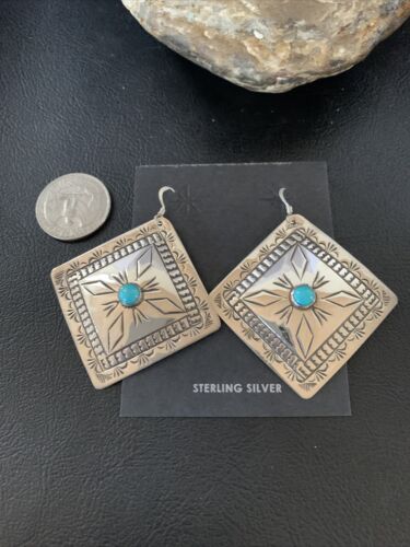 Navajo Blue Turquoise Earrings | Stamped Sterling Silver | Authentic Native American Handmade | 13324