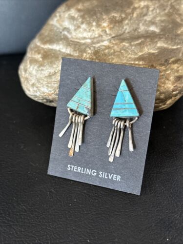 Navajo Blue Turquoise Inlay Earrings | Sterling Silver | 1" | Authentic Native American Handmade | 14774