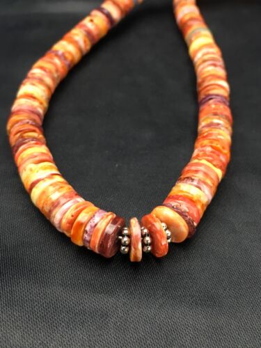 Navajo Orange Heishi Spiny Oyster Necklace Set | Sterling Silver | 22" | Authentic Native American Handmade | 2773