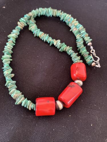 Native American Navajo Men's Necklace | Sterling Silver Turquoise Coral | 21" | 881