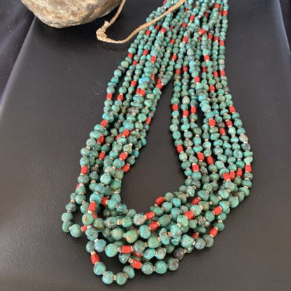 Men's Santo Domingo Blue Turquoise Coral Necklace | 36" Bead Nugget | Authentic Native American Handmade | 13185