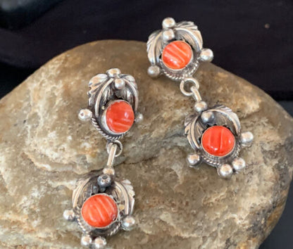Navajo Red Spiny Oyster Dangle Earrings | Sterling Silver | Authentic Native American Handmade | 2060