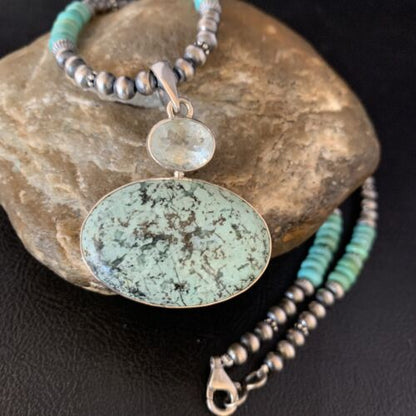 Navajo Pearls Sterling Silver Necklace | Blue Spiderweb Turquoise Pendant | Multi-Stone | 13921