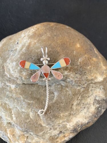 Zuni Turquoise Pink Mother of Pearl Inlay Dragonfly Necklace Pin Pendant | Sterling Silver | 12325