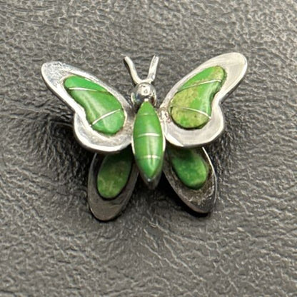 Navajo Butterfly Green Gaspeite Inlay Pin Pendant | Sterling Silver | Authentic Native American Handmade | 14585