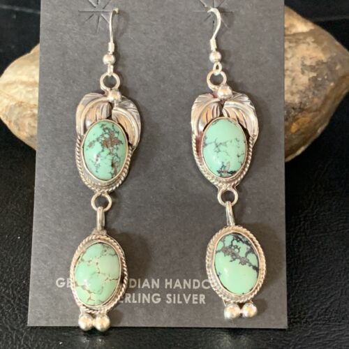 Navajo Green Spiderweb Turquoise Dangle Earrings | Sterling Silver | Authentic Native American Handmade | 13553