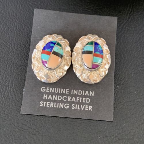 Women's Multi-Color Blue Turquoise Nugget Earrings | Sterling Silver | Authentic Native American Handmade | 13014