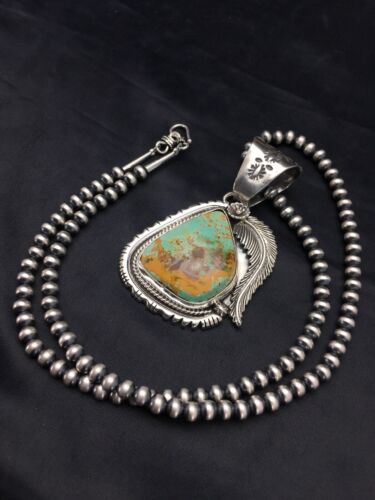 Navajo Pearls Sterling Silver Royston Turquoise Necklace Pendant Set | 2.75" | Authentic Native American Handmade | 2880
