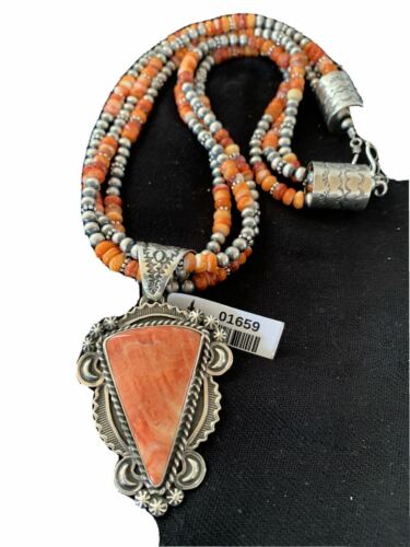 Navajo Red Spiny Oyster Pendant | Sterling Silver | Native American Handmade | Multi-Strand Necklace | 1659