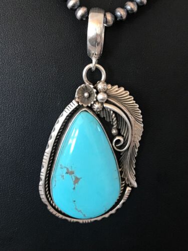 Kingman Turquoise Pendant | Navajo Pearls Sterling Silver Necklace | Authentic Native American Handmade | 8573