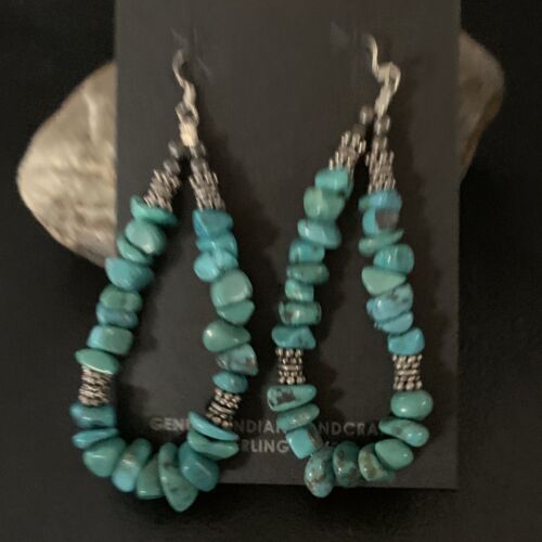 Navajo Turquoise Bead Nugget Earrings | Sterling Silver Pearls | 3" | Authentic Native American Handmade | 12890