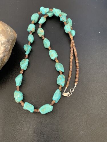 Navajo Pearls Nugget Blue Turquoise Necklace | Sterling Silver Shell | 26" | Authentic Native American Handmade | 12541