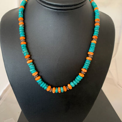 Navajo Blue Turquoise & Spiny Oyster Necklace | Sterling Silver | Authentic Native American Handmade | 18" | 1676