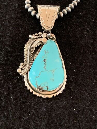 Men's Kingman Turquoise Pendant | Navajo Pearls Sterling Silver Necklace | Authentic Native American Handmade | 4299