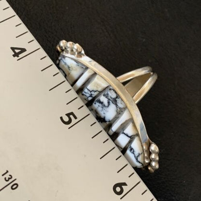 Navajo White Buffalo Turquoise Inlay Ring | Sterling Silver | Sz 9 | Authentic Native American Handmade | 12173
