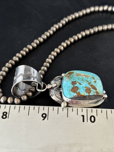 Navajo Pearls Royston Turquoise Necklace Pendant | Sterling Silver | Authentic Native American Handmade | 14802