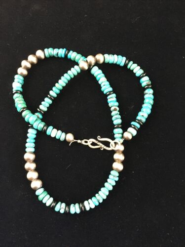 Native American Sterling Silver Necklace | Blue Turquoise & Onyx | 18" | 10027