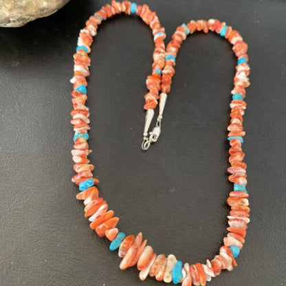 Men's Navajo | Red Spiny Oyster Turquoise Necklace | Sterling Silver | 22" | Authentic Native American Handmade | 10356
