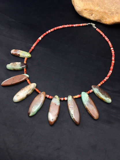 Navajo Green Chrysoprase & Spiny Oyster Necklace | Sterling Silver | 20" | Authentic Native American Handmade | 4284