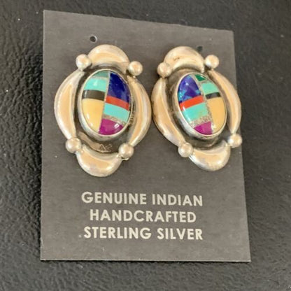 Native American Women's Sterling Silver Blue Turquoise Multi-Color Earrings | Handmade | 13015