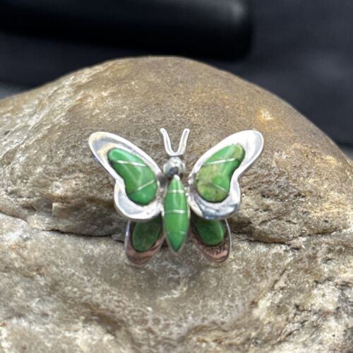 Navajo Butterfly Green Gaspeite Inlay Pin Pendant | Sterling Silver | Authentic Native American Handmade | 14585