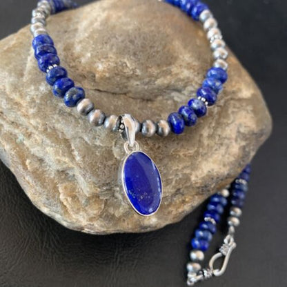 Native American Navajo Blue Lapis Pendant Necklace | Sterling Silver | Authentic Handmade | 11667 - Masha USA